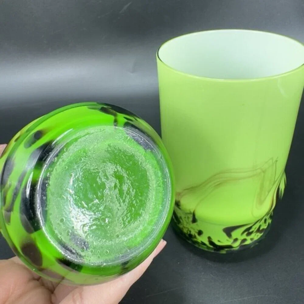 Vintage Bohemian Tumbler Glasses Set 2 Cases Green Black Swirls Glasses Cups VTG